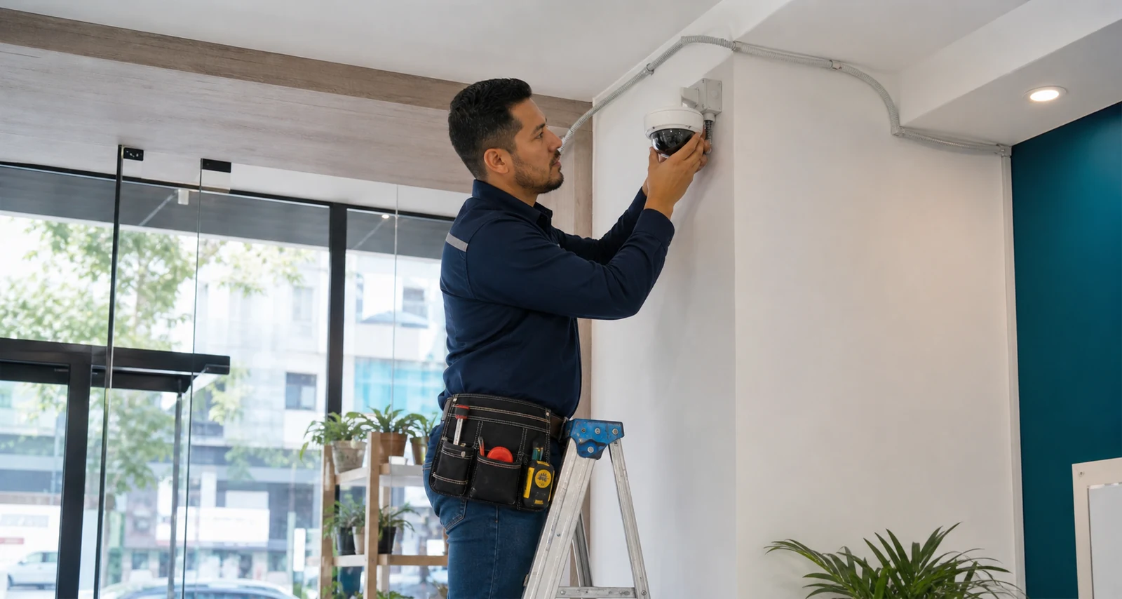 Técnico instalando una cámara de seguridad tipo domo en un espacio empresarial